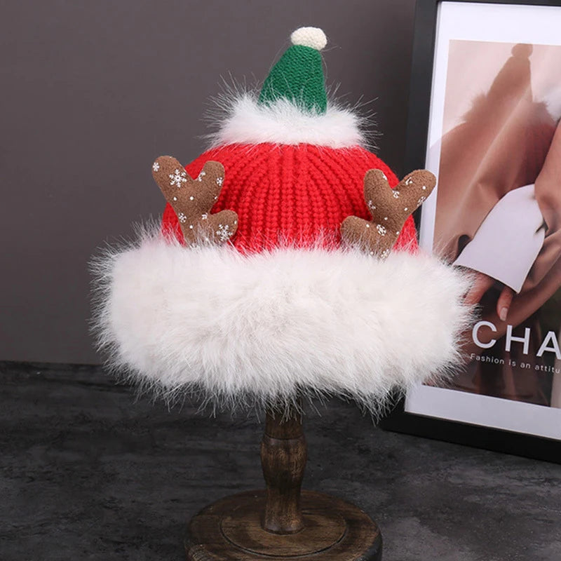 Cute Christmas Antlers Red Plush Hat for Children Winter Warmth Hat Hairy Knitted