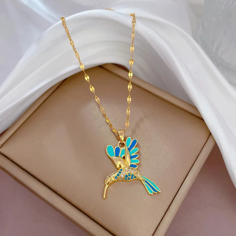 Stainless Steel Colorful Hummingbird Pendant Necklace
