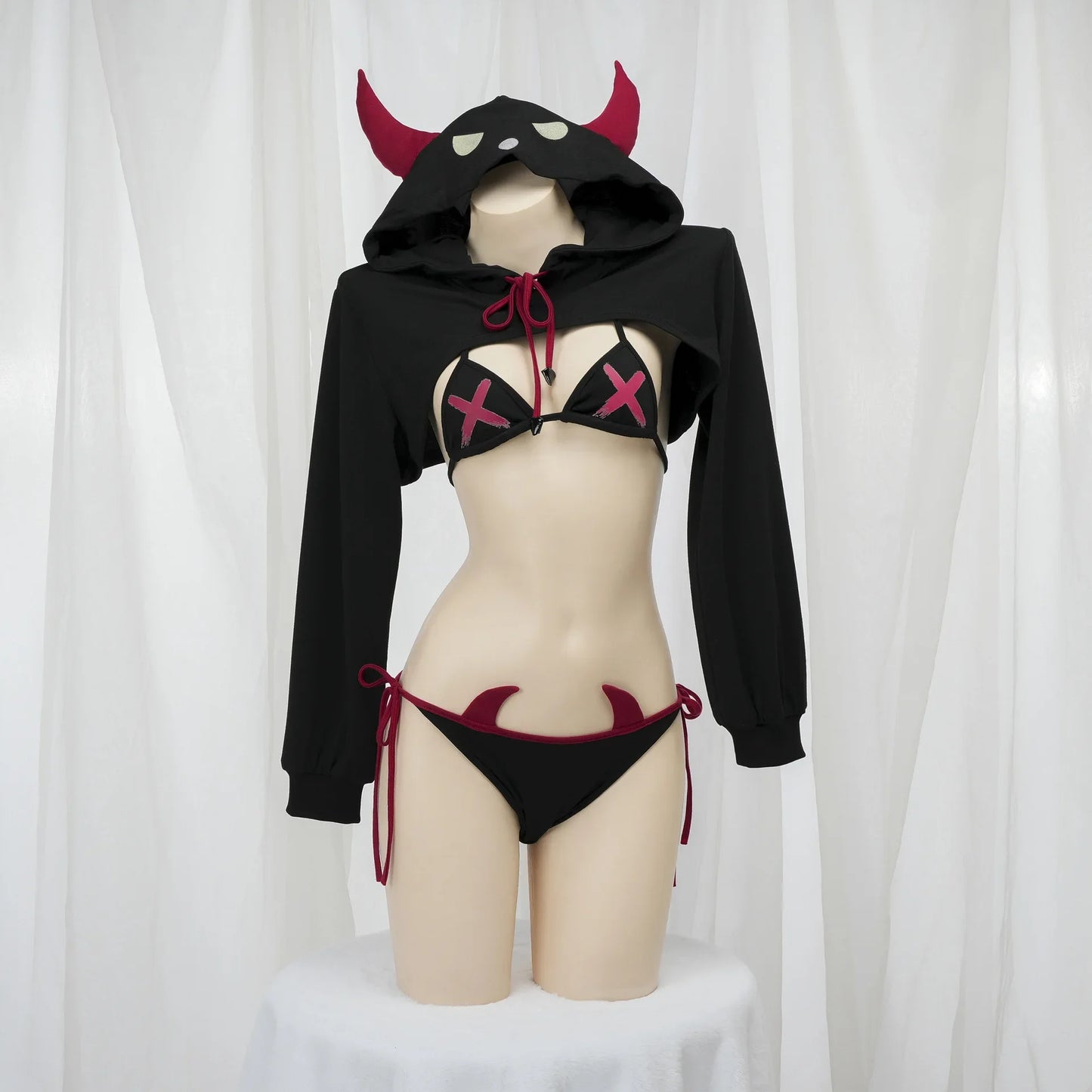 Punk Devil Girls Bikini Set Hoodie Crop Top Long Sleeve Halloween Cosplay Underwear