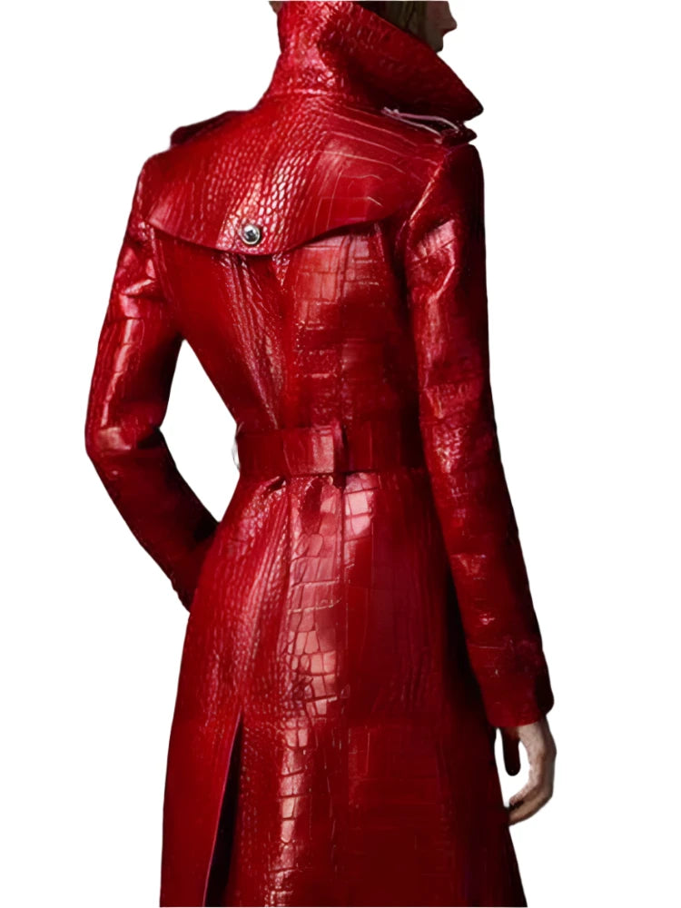 Long Red Crocodile Print Leather Trench Coat for Women