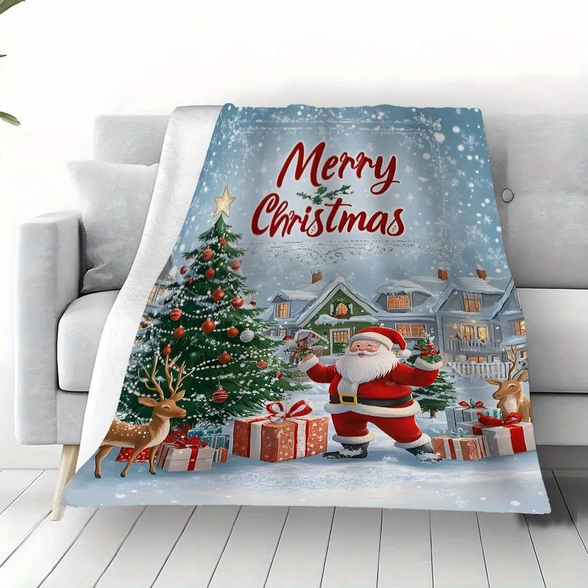 Santa's Festive Winter Wonderland: Christmas Blanket with Tree, Reindeer & Gifts