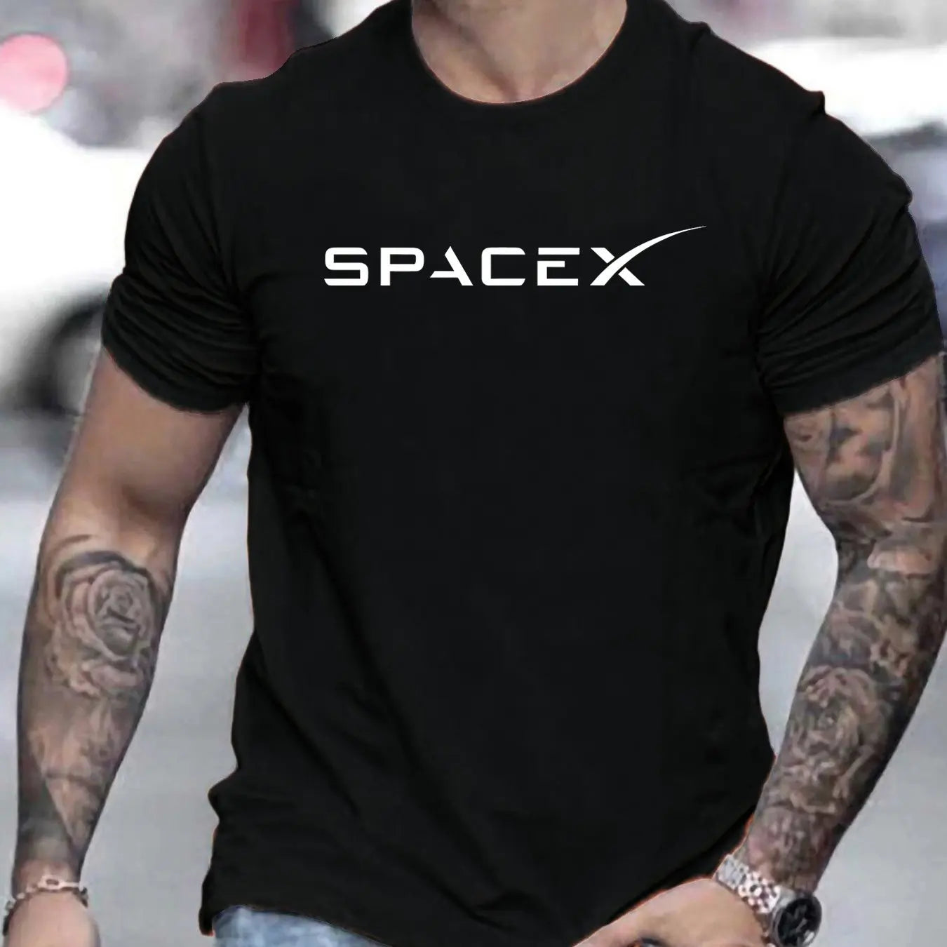 Men's Summer 100 Cotton Fashionable Casual Loose Large Size SPACEX Letter Pattern Printed Round Neck Short Sleeve T-shirt Top