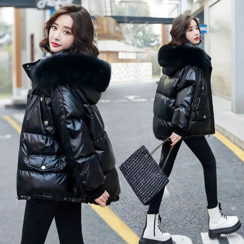 Winter Fashion New Warm Duck Down Jacket Women's Clothes Glossy Fur collar