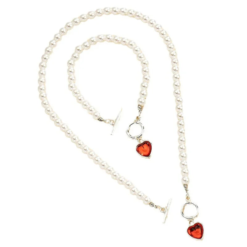 Pearl Necklace Bracelet Suit Red Heart Shape Pendant Collar Chain