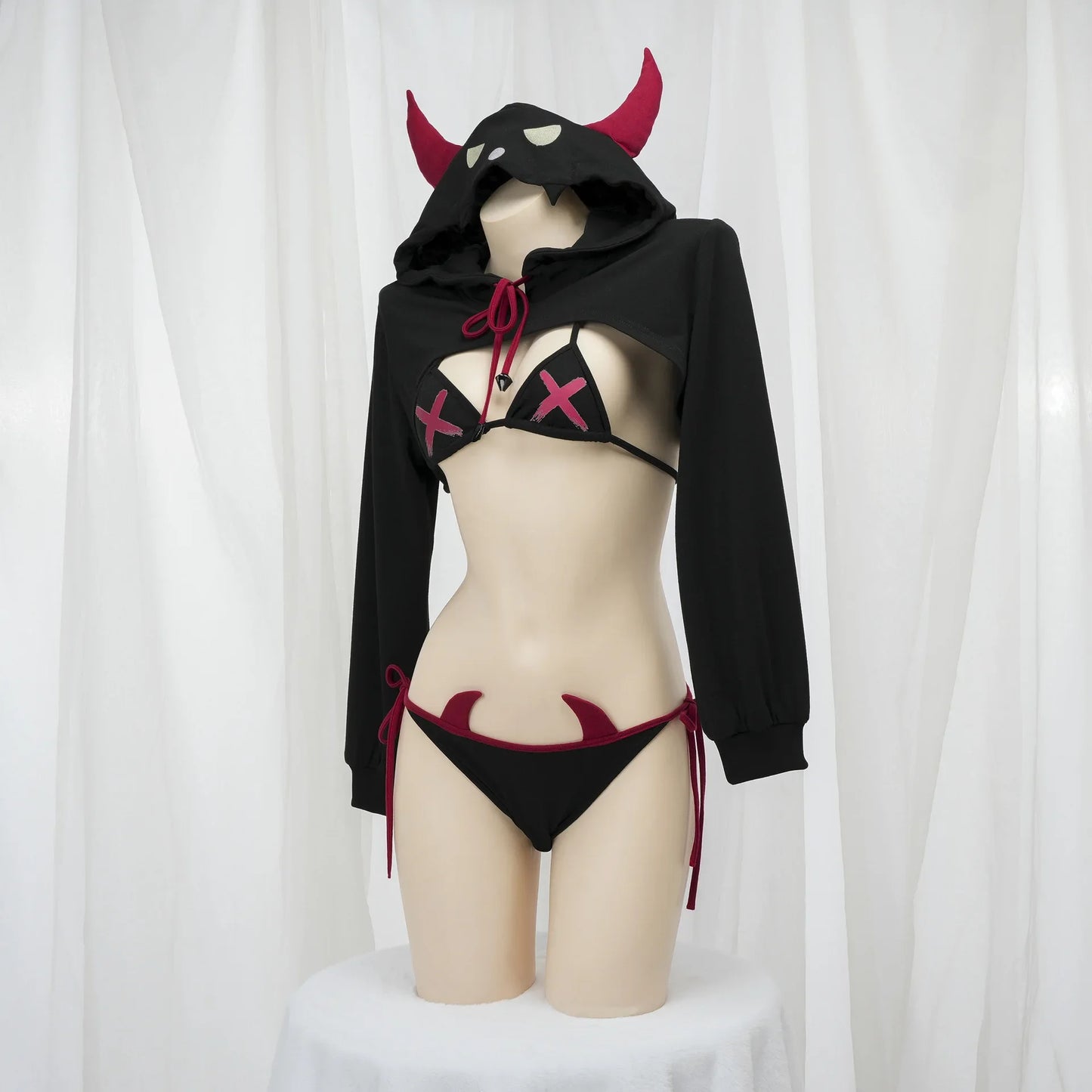 Punk Devil Girls Bikini Set Hoodie Crop Top Long Sleeve Halloween Cosplay Underwear