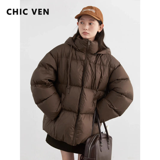 CHIC VEN Women Down Coats Solid Loose  White Duck Down Down Jacket