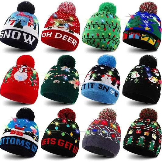 LED Christmas Knitted Hat Light Up Xmas Beanie Cap Unisex Winter Beanie