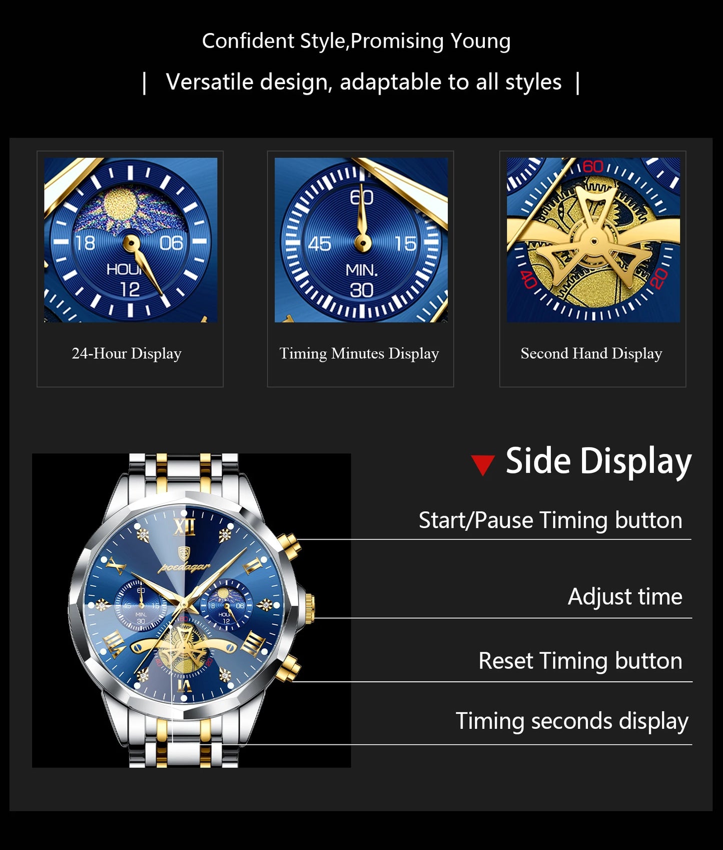 POEDAGAR Luxury Original Waterproof Luminous Chronograph Man Wristwatch