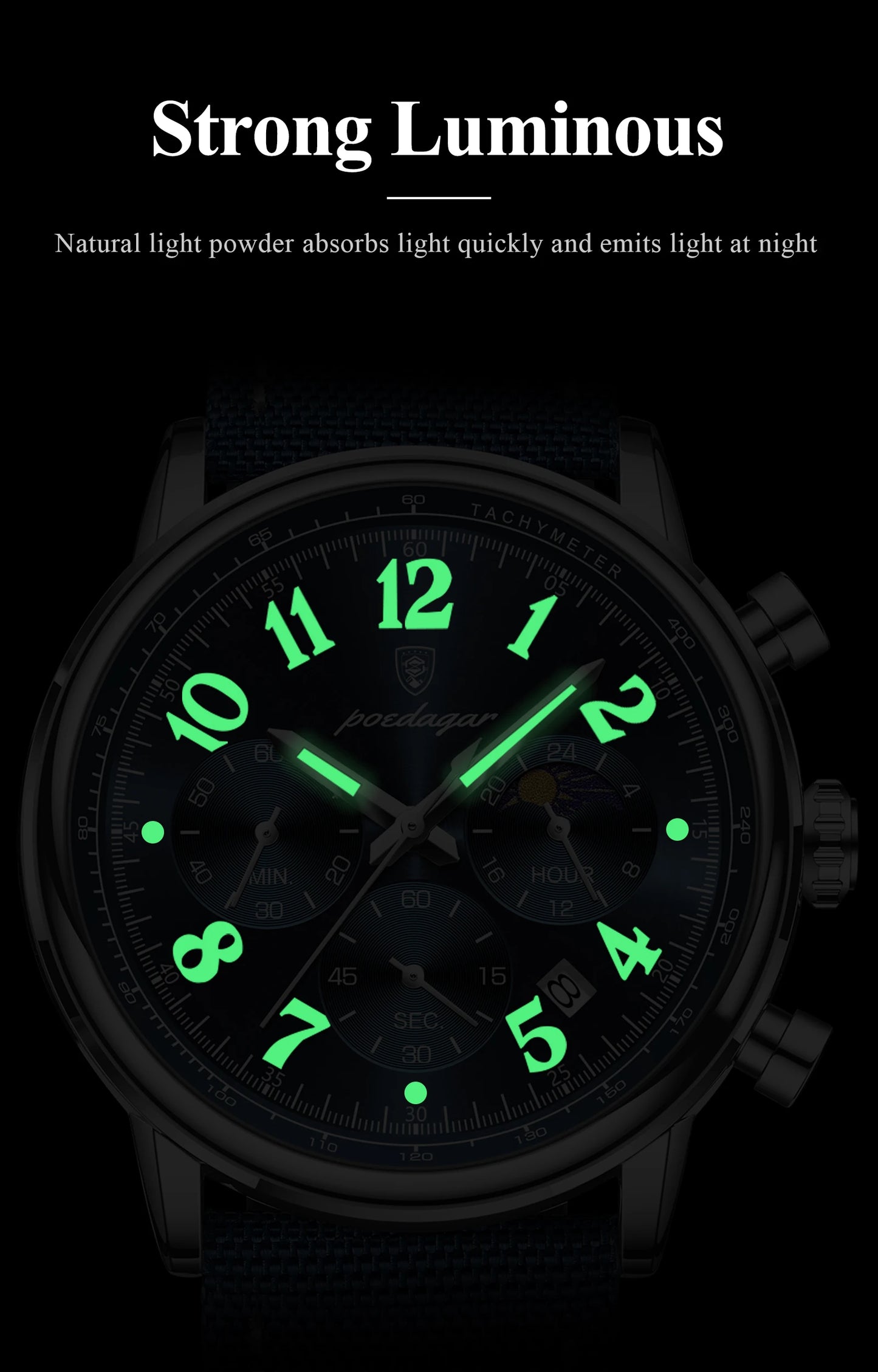POEDAGAR Luxury  Waterproof Luminous Chronograph Nylon Leather  Wristwatch