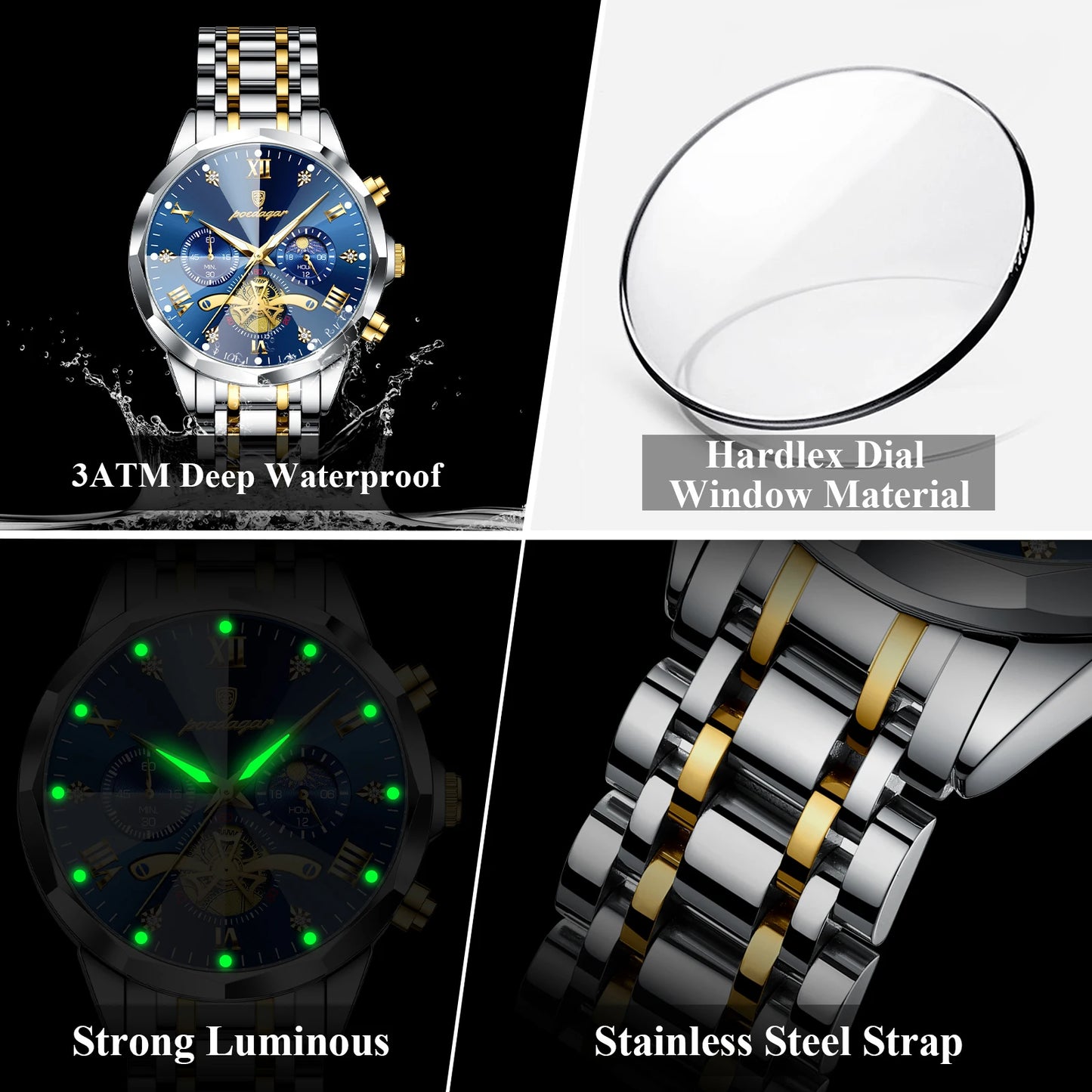 POEDAGAR Luxury Original Waterproof Luminous Chronograph Man Wristwatch