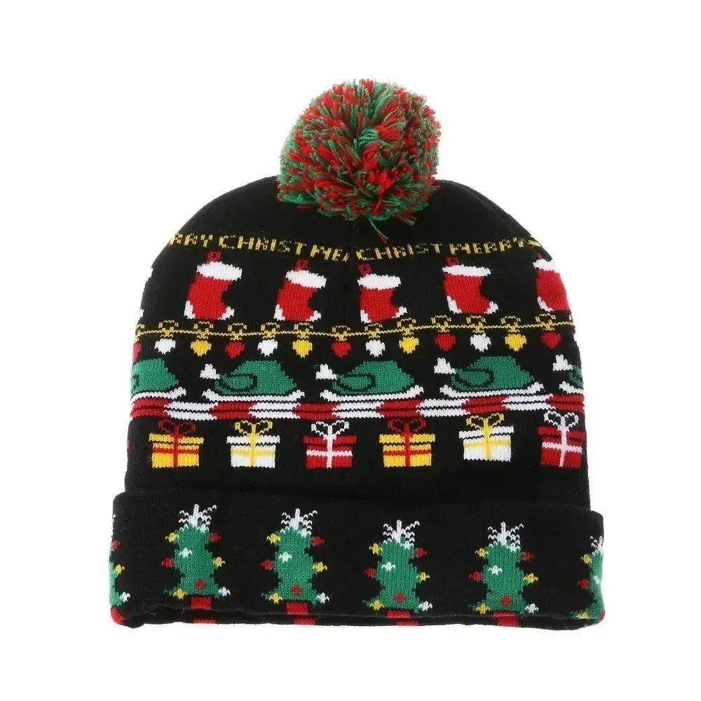 LED Christmas Knitted Hat Light Up Xmas Beanie Cap Unisex Winter Beanie