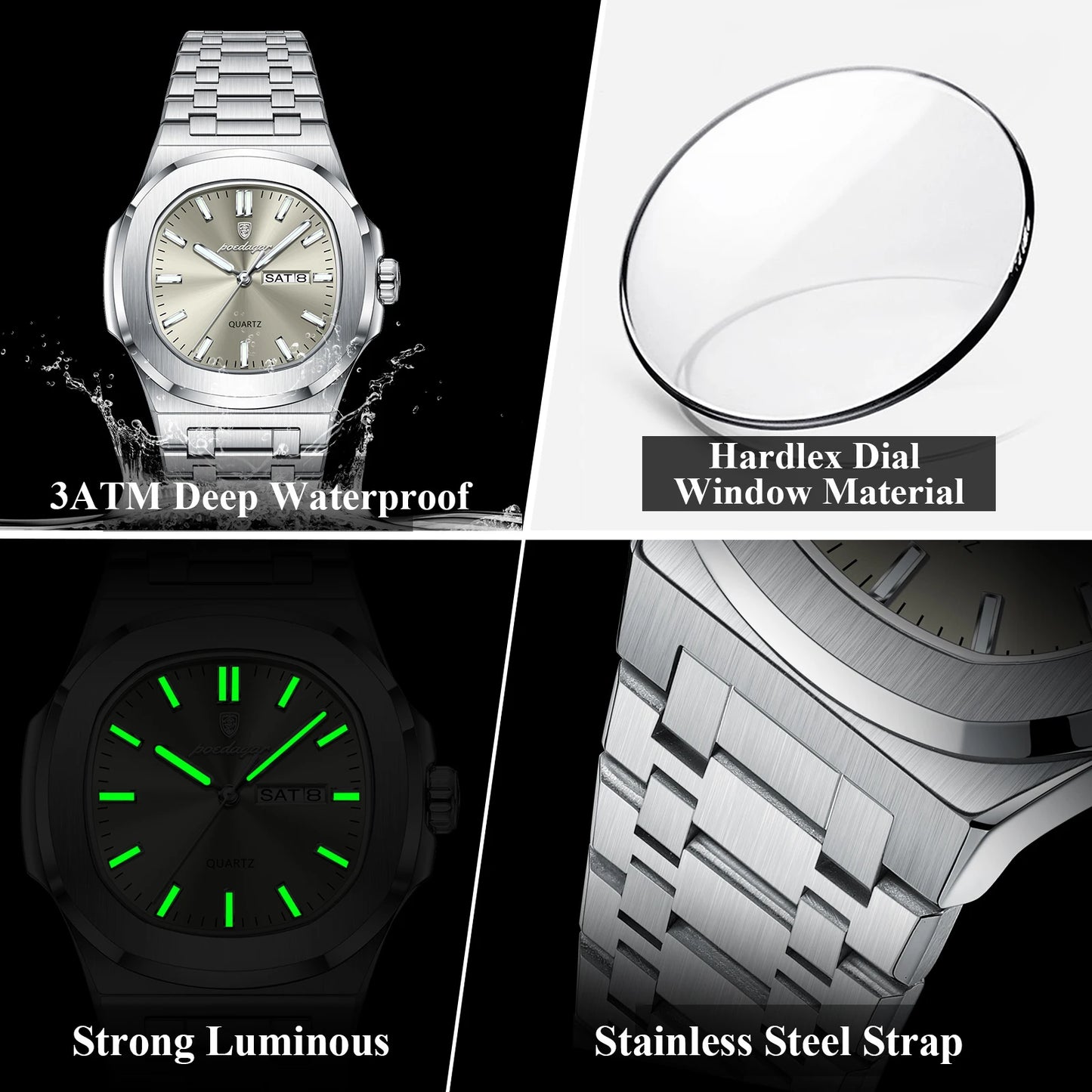 POEDAGAR Luxury Square Waterproof Stainless Steel Quartz Men's Watch