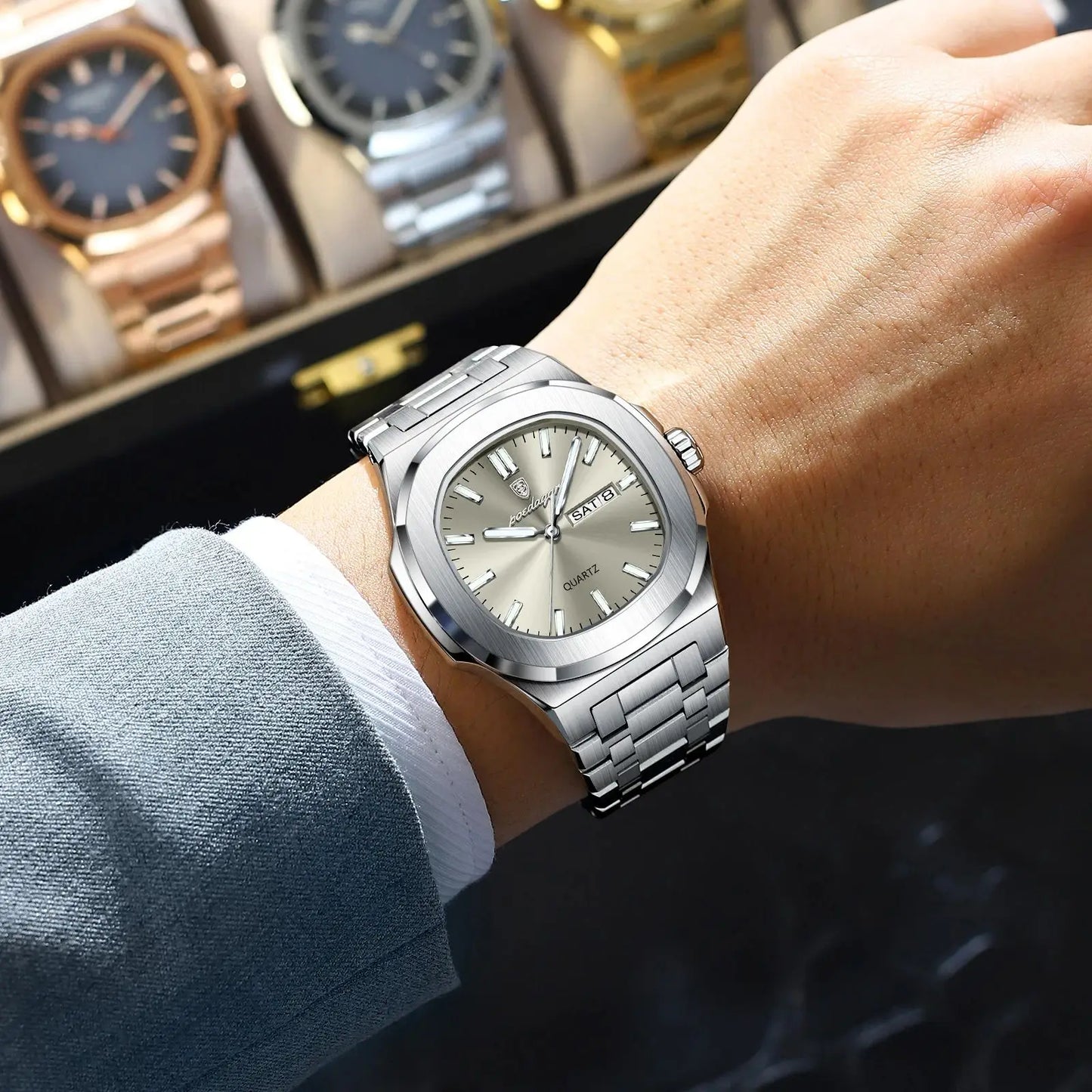 POEDAGAR Luxury Square Waterproof Stainless Steel Quartz Men's Watch