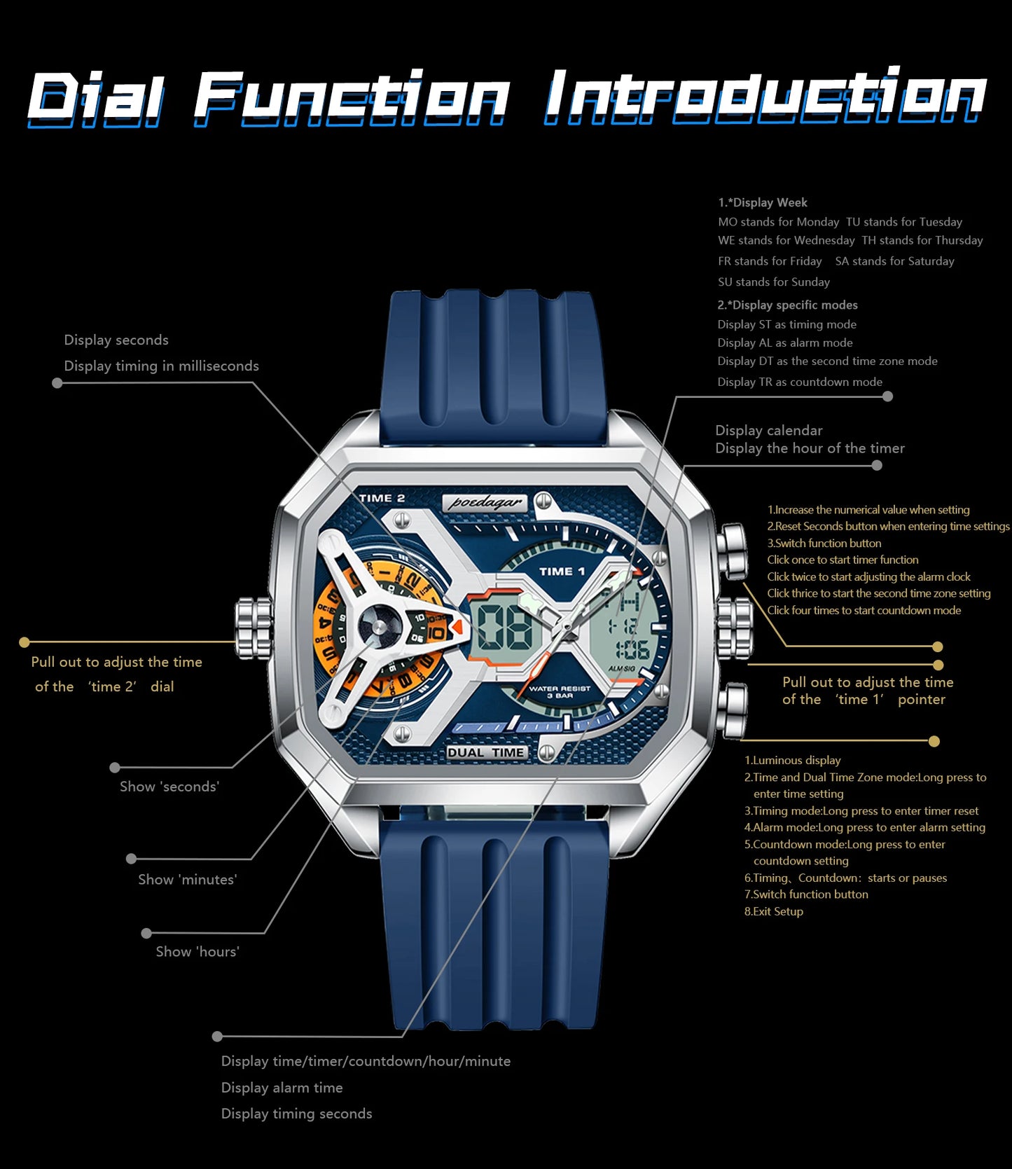 POEDAGAR Top Luxury Men Clock LED Calendar Week Luminous Man Wrist watch