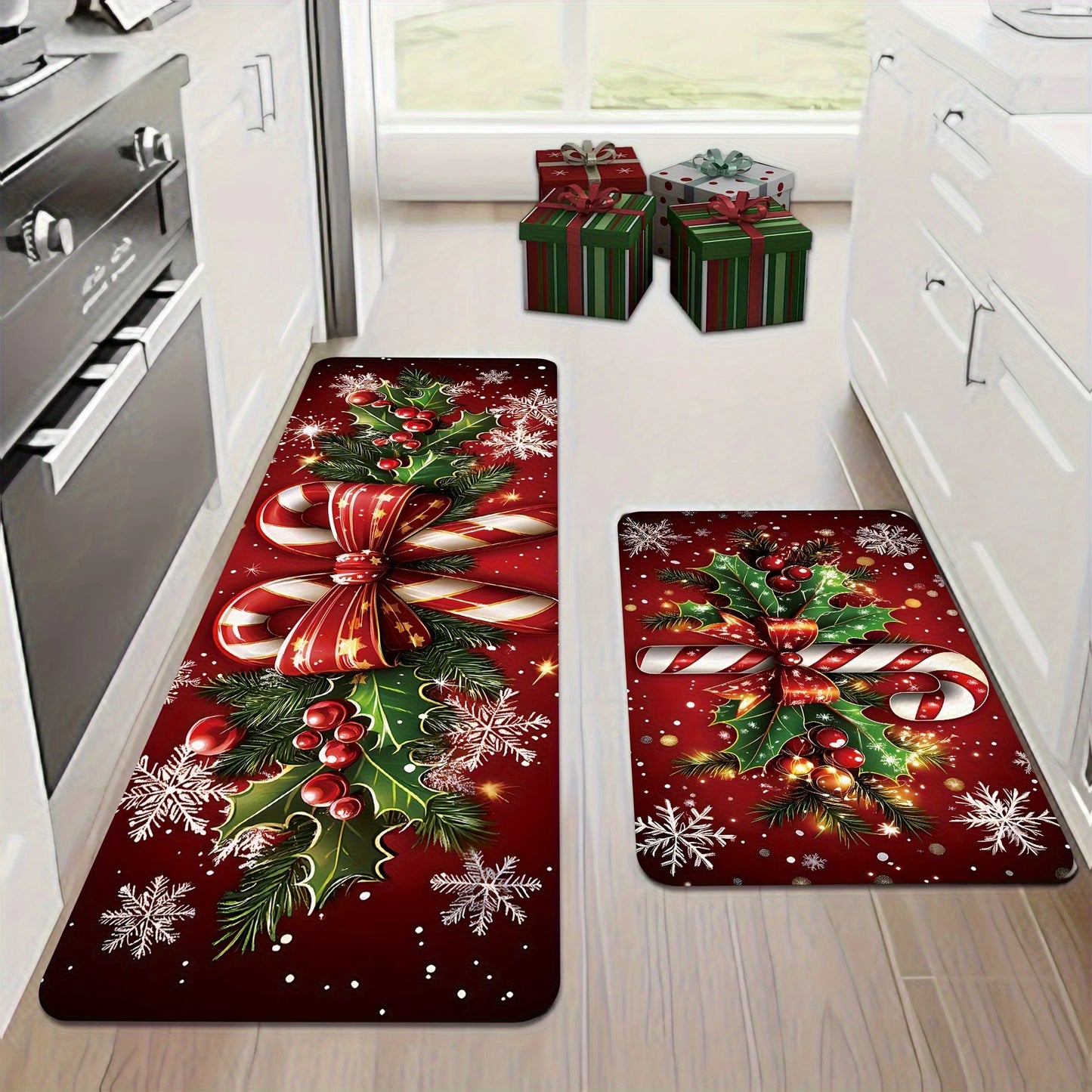 Merry Christmas Winter Decor Candy Canes Holly Snowflake Kitchen Mat