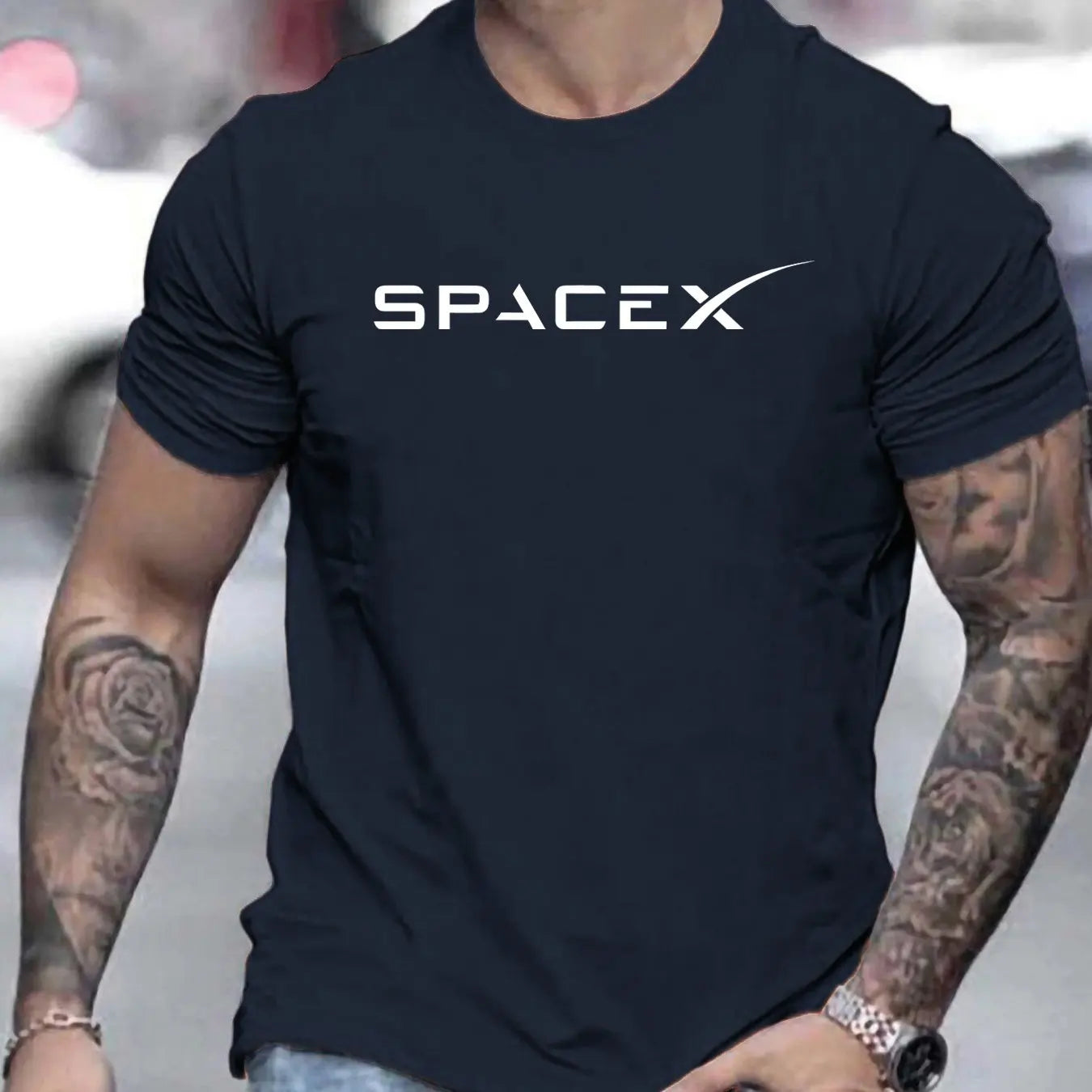 Men's Summer 100 Cotton Fashionable Casual Loose Large Size SPACEX Letter Pattern Printed Round Neck Short Sleeve T-shirt Top