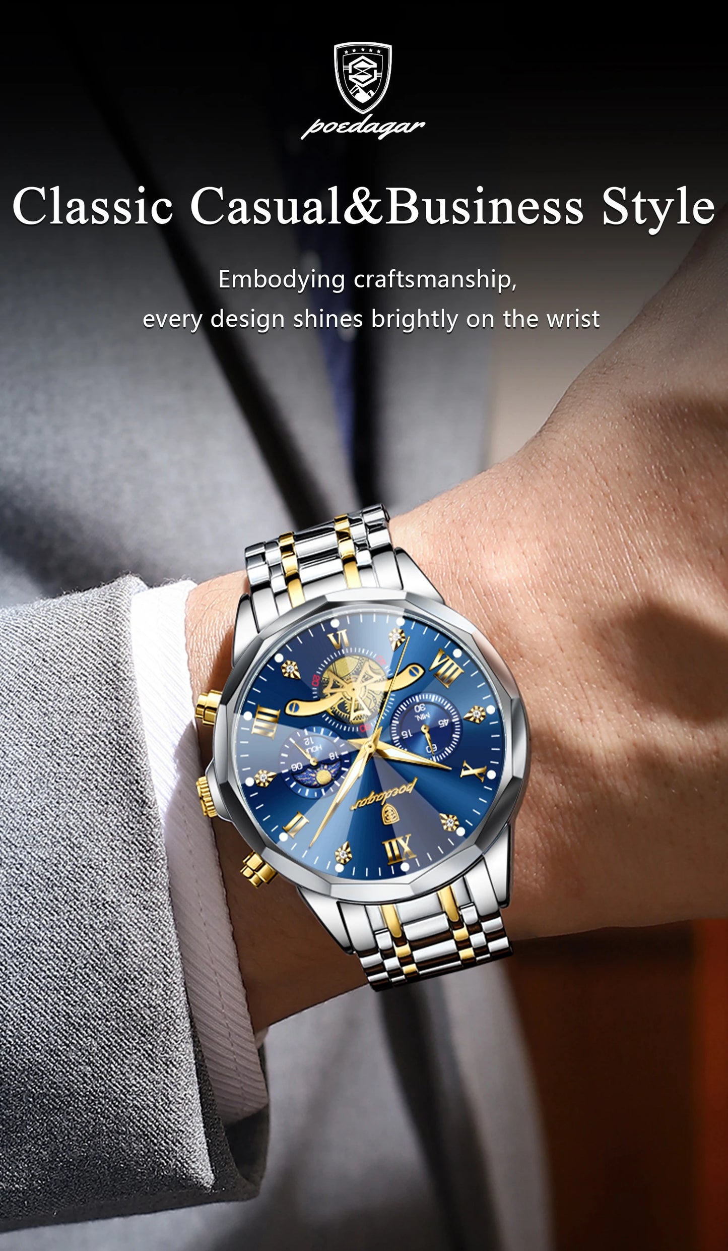 POEDAGAR Luxury Original Waterproof Luminous Chronograph Man Wristwatch