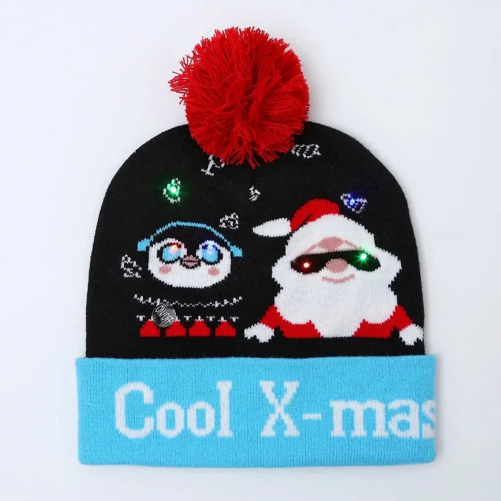 LED Christmas Knitted Hat Light Up Xmas Beanie Cap Unisex Winter Beanie