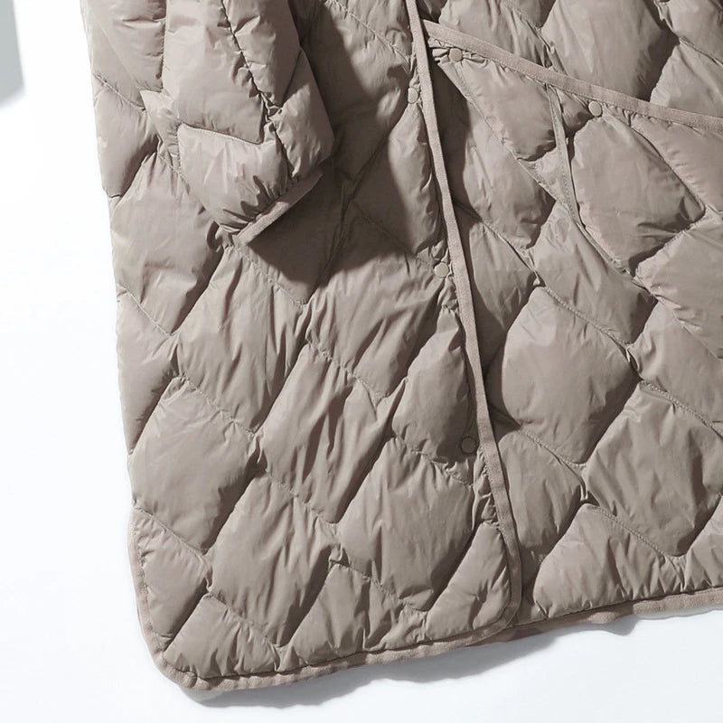 Women Ultralight White Duck Down Long Jacket Argyle V-neck Collar  Winter Outwear