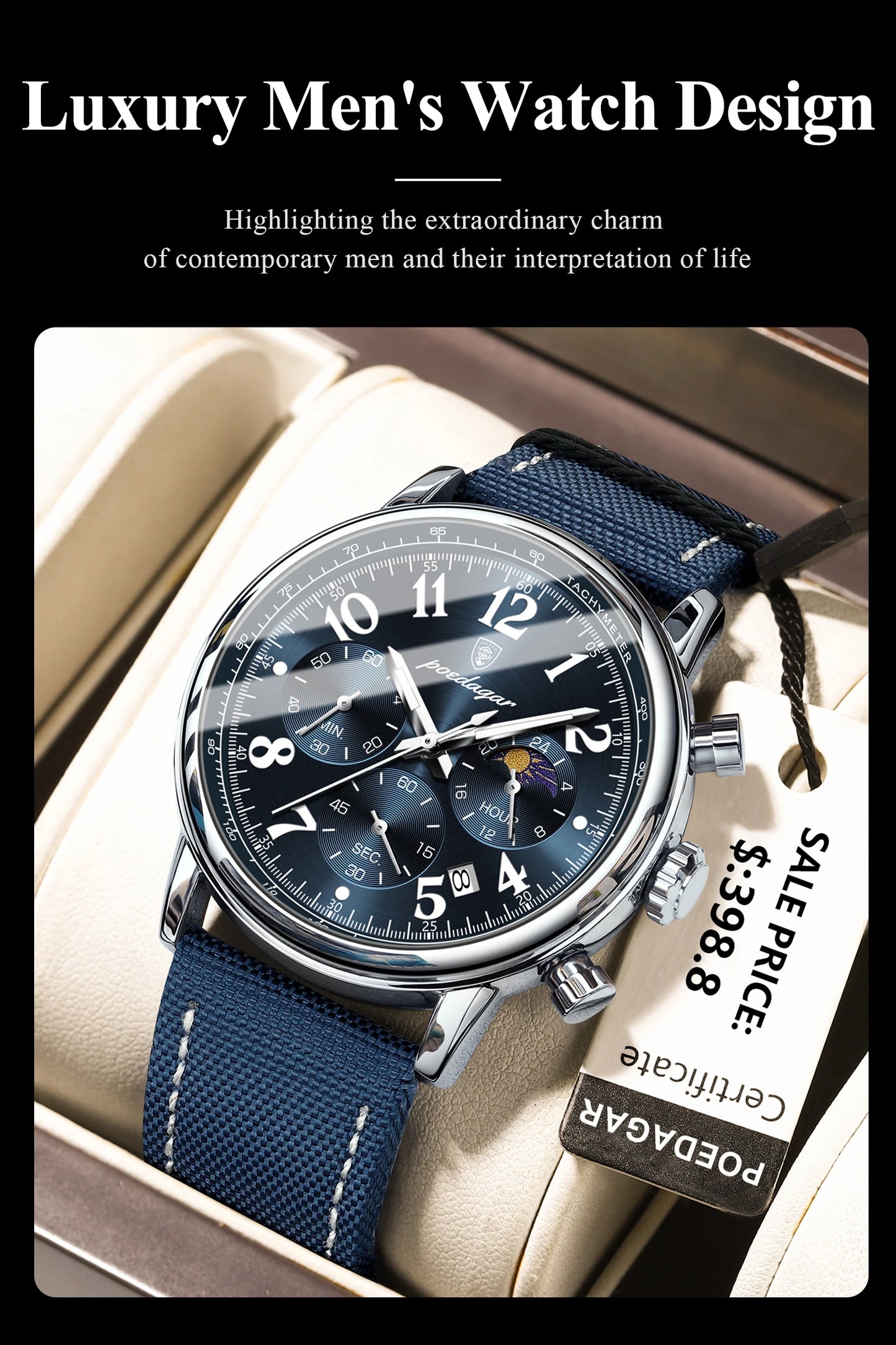 POEDAGAR Luxury  Waterproof Luminous Chronograph Nylon Leather  Wristwatch