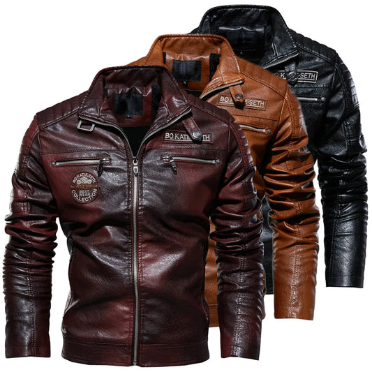 Men Winter Fleece Motorcycle Faux Leather Jacket