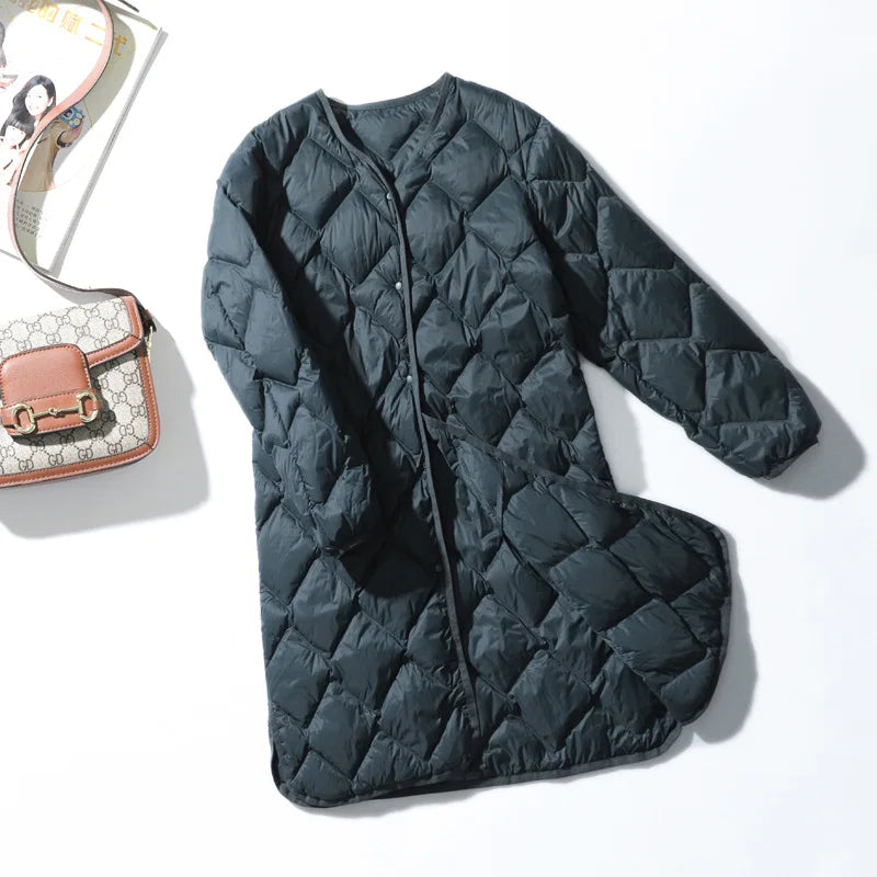 Women Ultralight White Duck Down Long Jacket Argyle V-neck Collar  Winter Outwear