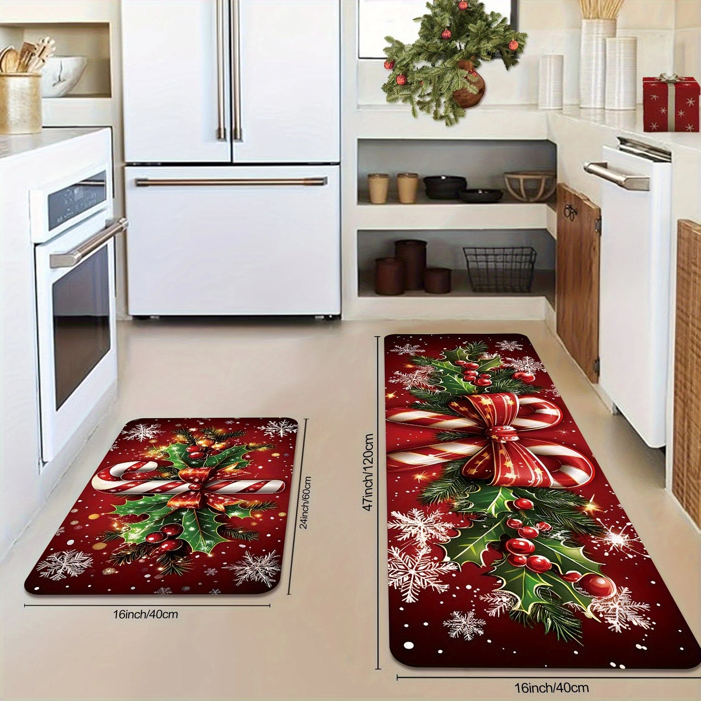 Merry Christmas Winter Decor Candy Canes Holly Snowflake Kitchen Mat