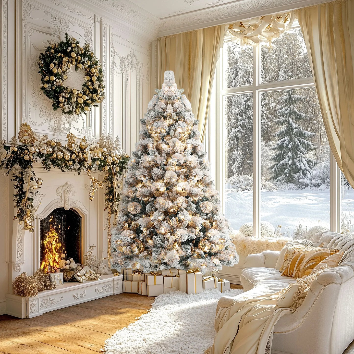 Homcom 6.5 ft Prelit Flocked Artificial Christmas Tree W/ 350 Clear Lights