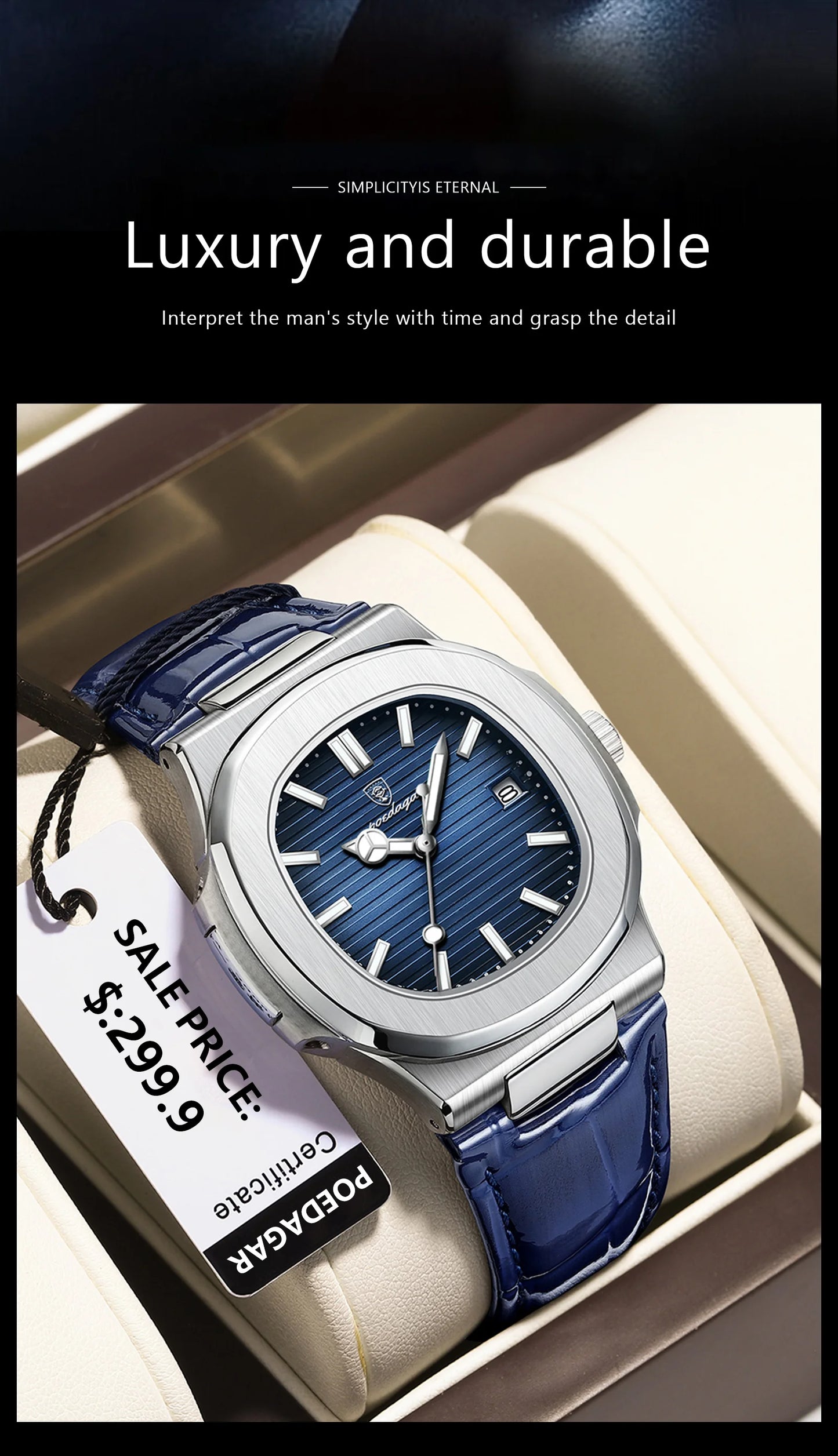 POEDAGAR Top Luxury Man Watch Date Waterproof Luminous Leather Watch