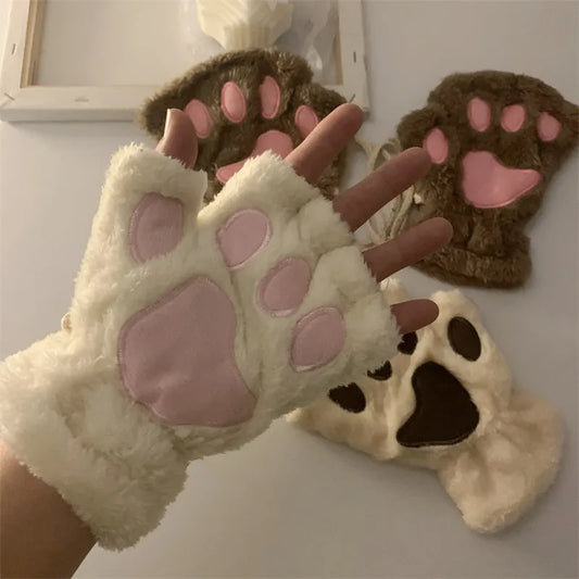 Women  Fashion Girls Cat Claw Paw Plush Mittens Warm Soft Plush Winter Gloves