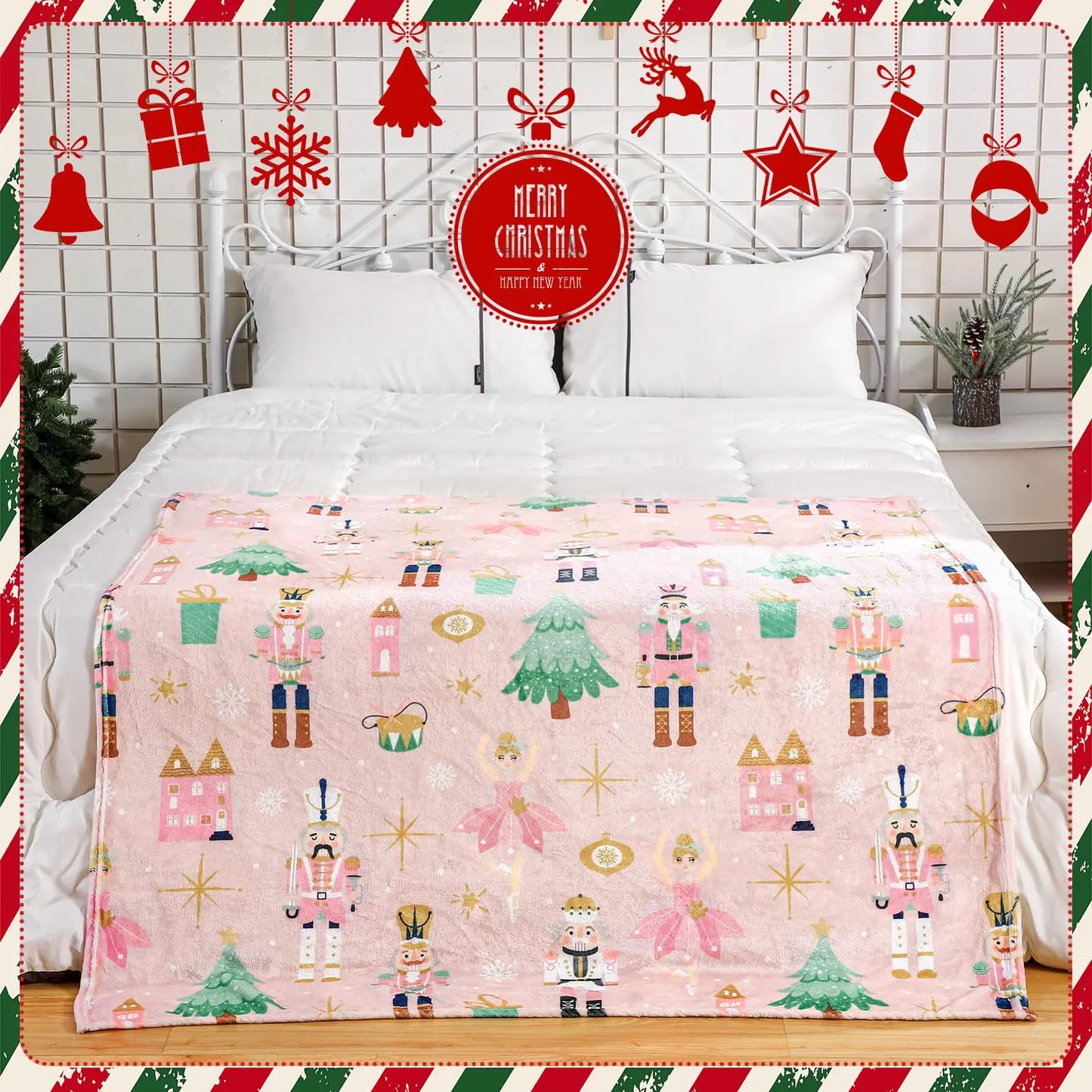 Pink Nutcracker Christmas Throw Blanket Cute Soft Warm Lightweight Christmas Blanket