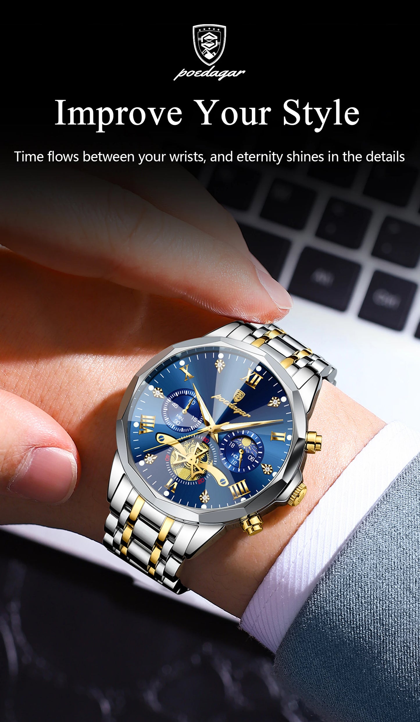 POEDAGAR Luxury Original Waterproof Luminous Chronograph Man Wristwatch