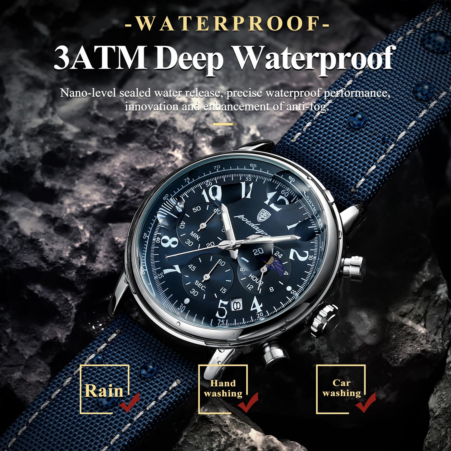 POEDAGAR Luxury  Waterproof Luminous Chronograph Nylon Leather  Wristwatch