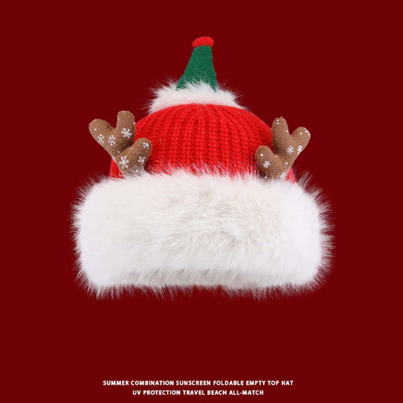 Cute Christmas Antlers Red Plush Hat for Children Winter Warmth Hat Hairy Knitted
