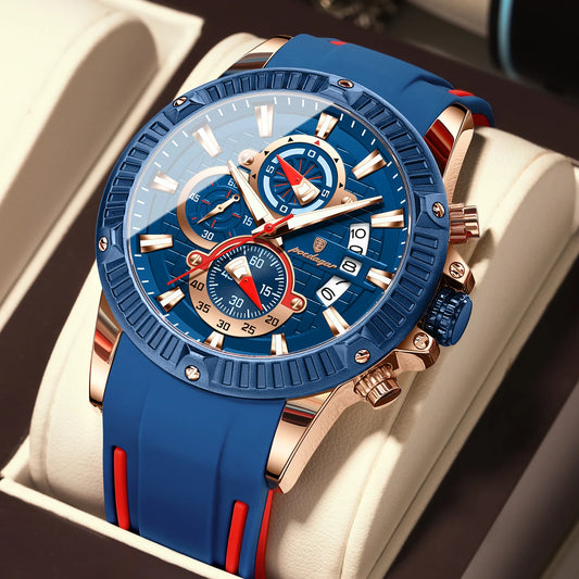 POEDAGAR Luxury Men Watch Silicone Strap Chronograph Date Man Wristwatch