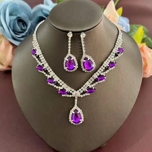 Rhinestone necklace earring set, bridal jewelry, purple water droplet jewelry