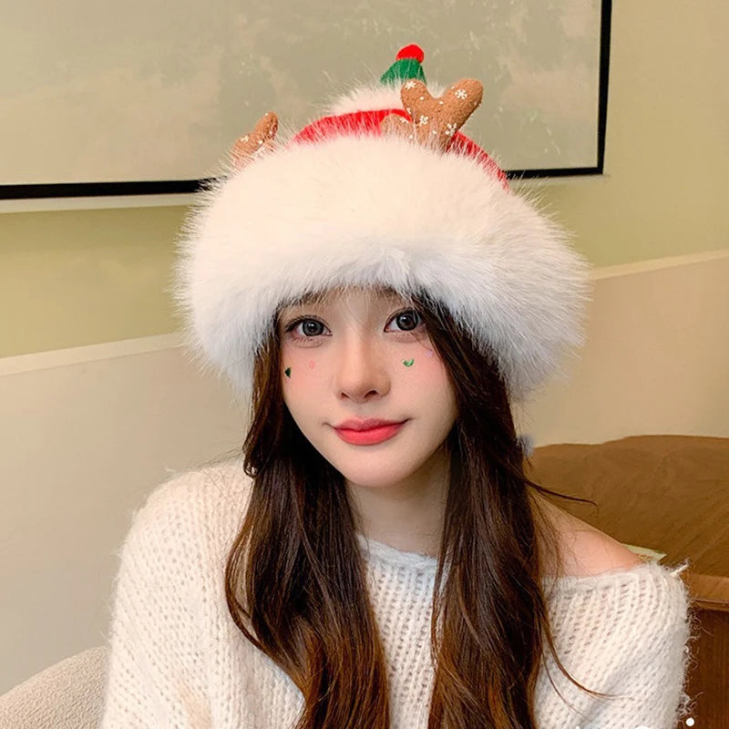 Cute Christmas Antlers Red Plush Hat for Children Winter Warmth Hat Hairy Knitted