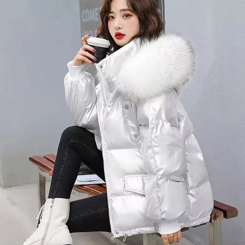 Winter Fashion New Warm Duck Down Jacket Women's Clothes Glossy Fur collar