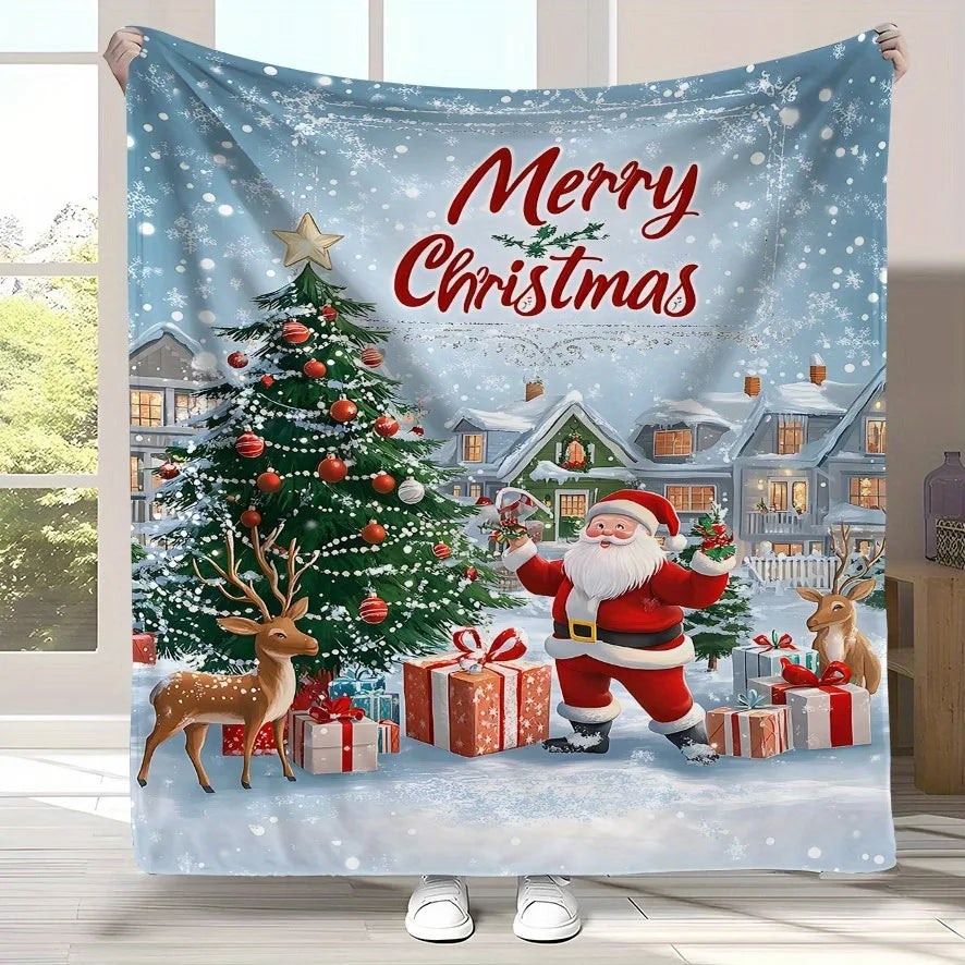 Santa's Festive Winter Wonderland: Christmas Blanket with Tree, Reindeer & Gifts