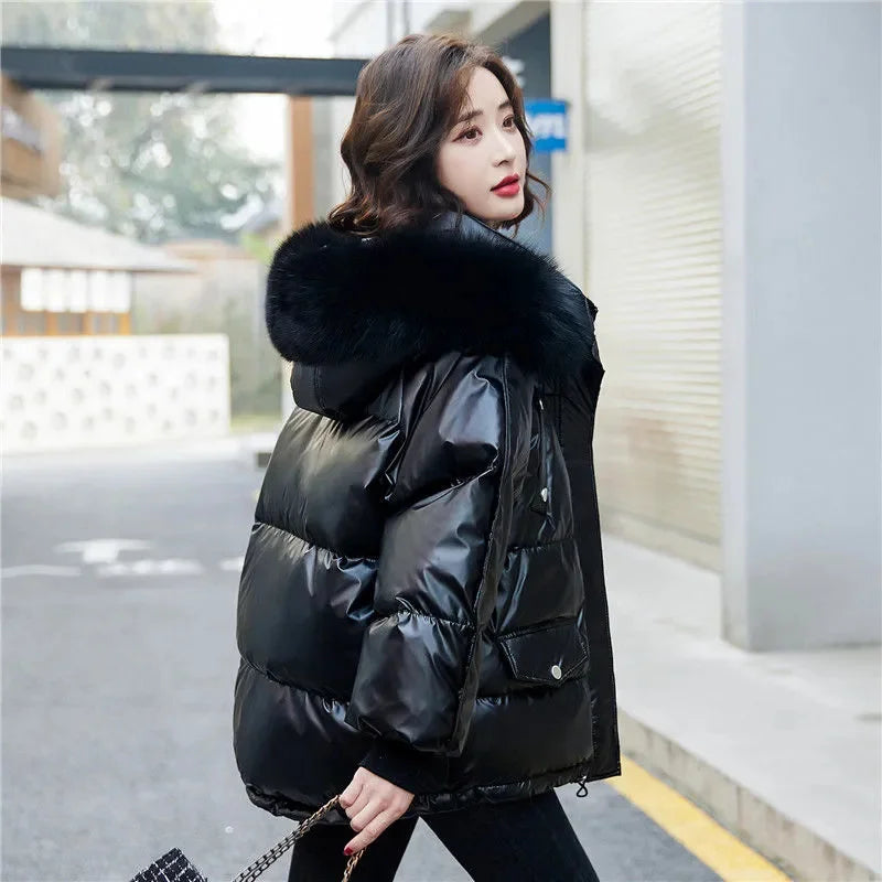 Winter Fashion New Warm Duck Down Jacket Women's Clothes Glossy Fur collar