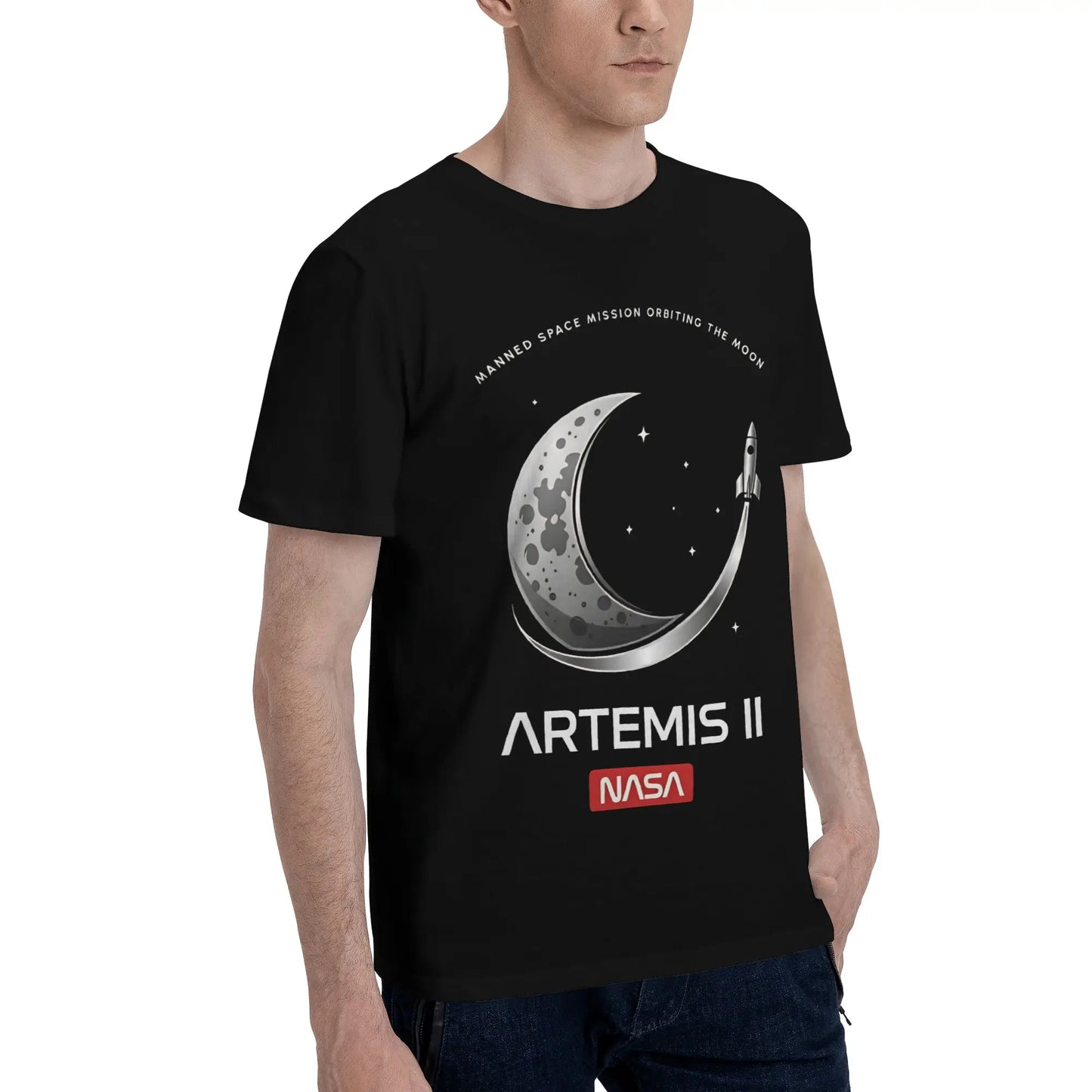 Manned Moon Mission Classic NASA Space Logo Art  Funny Graphic 100% Cotton T-Shirt Artemis II  Tops Tees For Men