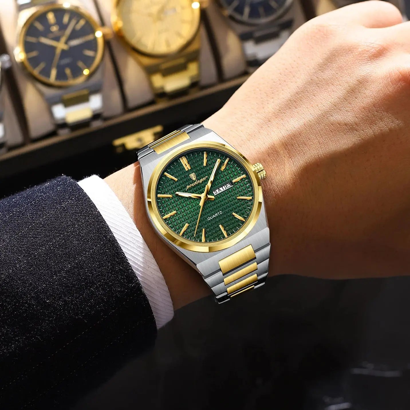 POEDAGAR Luxury Men Watch Date Week Waterproof Luminous Stainless Steel Watch