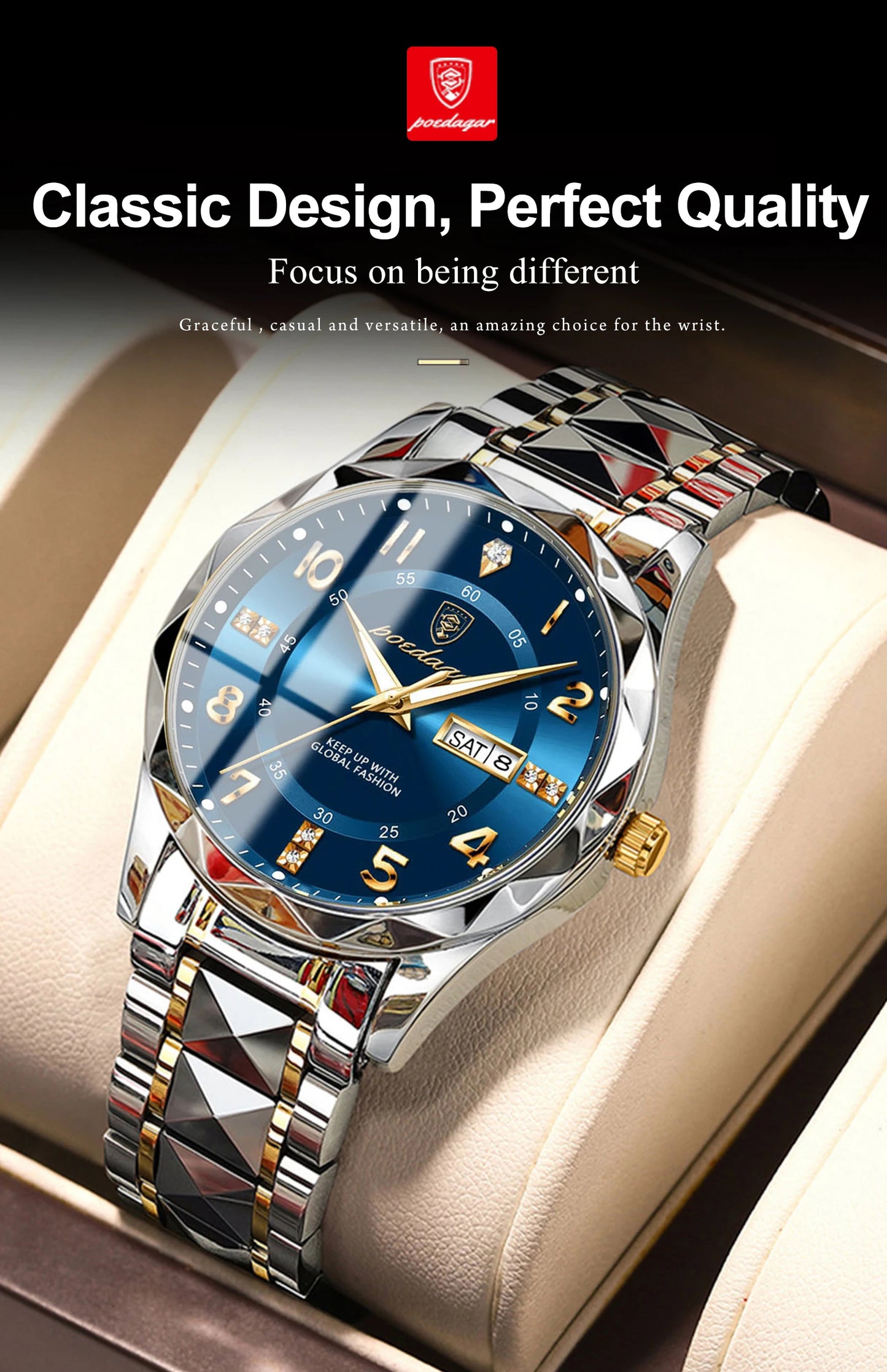 POEDAGAR Luxury Men Quartz Watch Waterproof Date Week Luminous Wristwatch