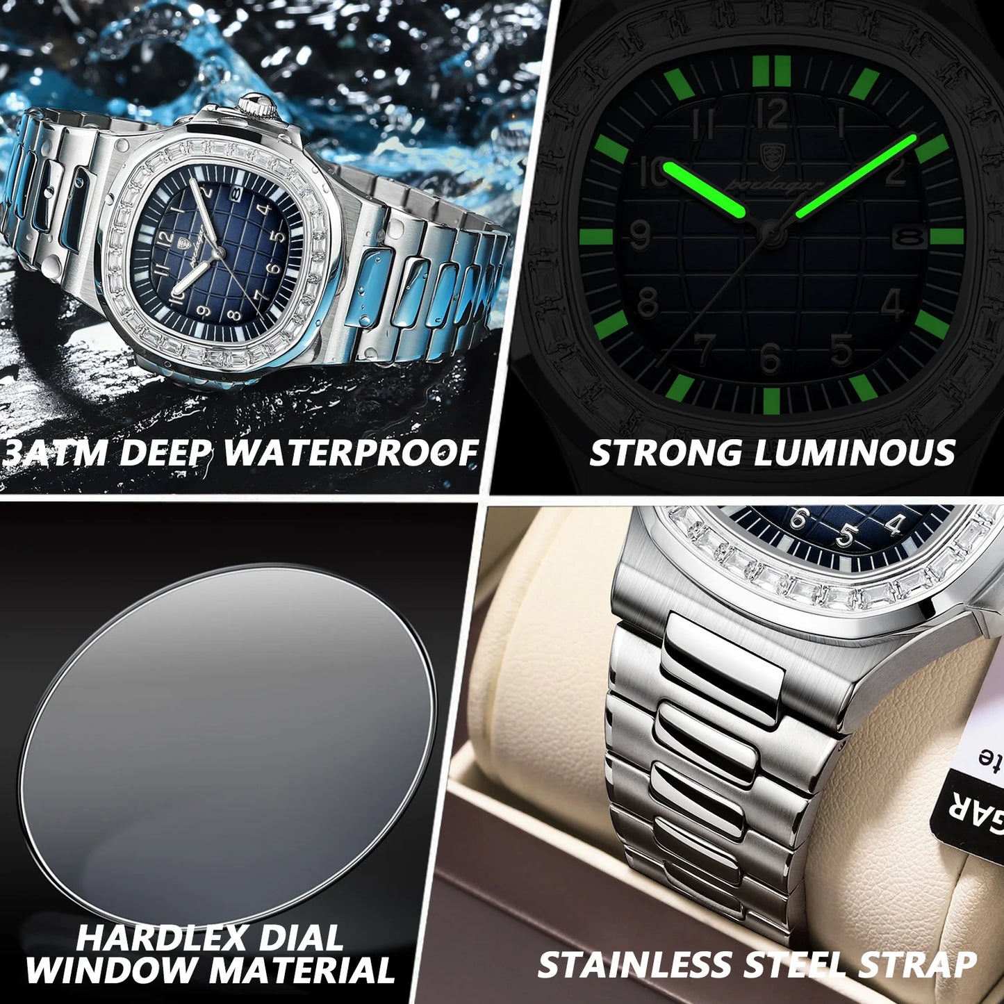 POEDAGAR Luxury Square Watches for Men Waterproof Luminous Date Man Wristwatch