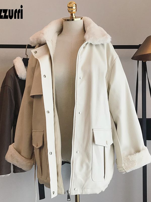 Winter Oversized Leather Jacket Women  Warm Soft Thickened Fur Lined Coat