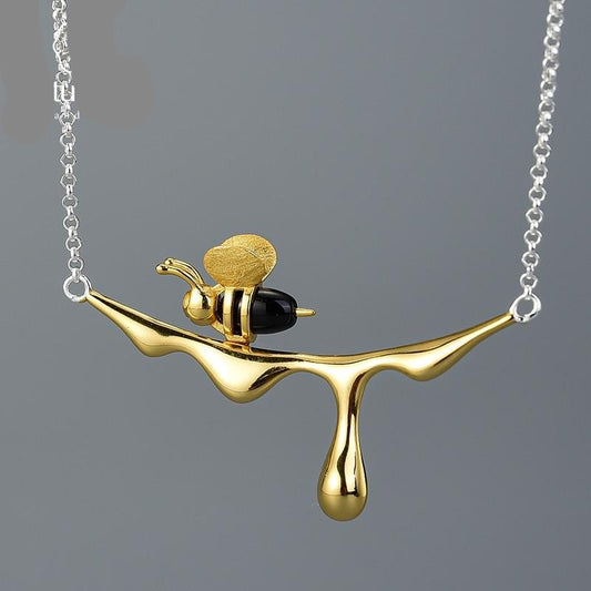 Lotus Fun  Gold Bee and Dripping Honey Pendant Necklace