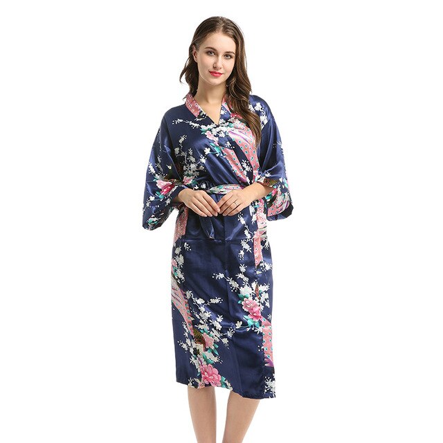 Women Robe Print Flower Peacock Kimono Bathrobe Gown Sleepwear