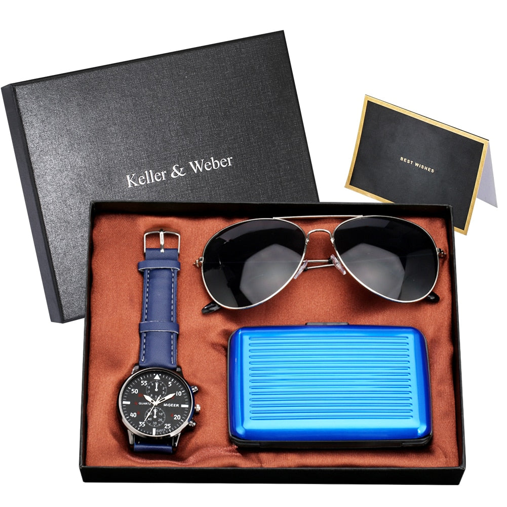 Quartz Watch Sunglass Credit Card Case/wallet Men's Gift Set