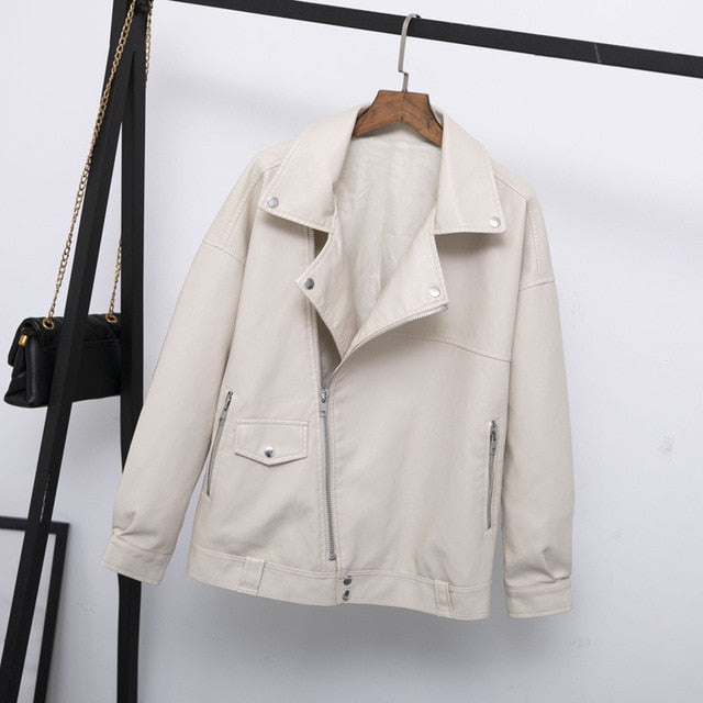 Faux Soft Leather Jacket Women Loose Female Turndown Collar Overcoat