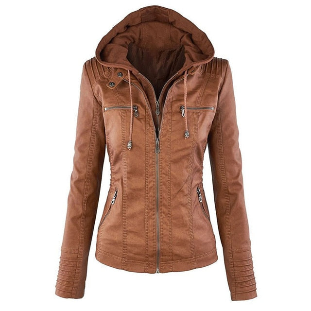 Women Autumn Winter Faux Soft Leather Lady  PU Zipper Jacket Coat